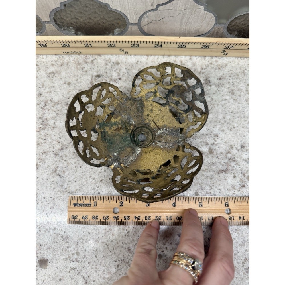 Vintage Brass Pillar Candle Holder Flower Embossed 4.5" Cottage Core Decor - Picture 4 of 6